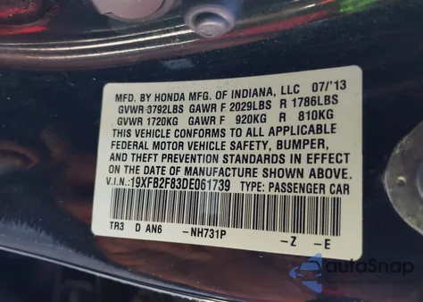 2013 Honda Civic Ex from USA, damaged, VIN 19XFB2F83DE061739